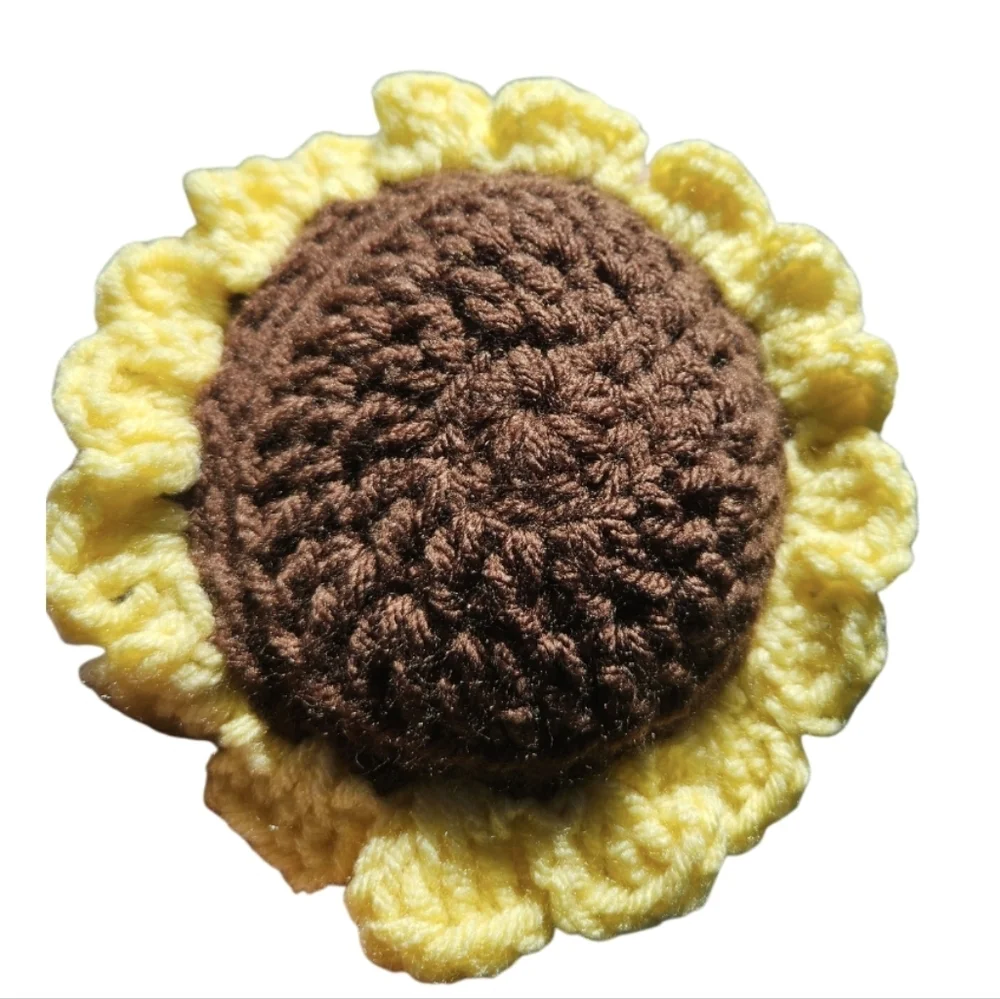 Hand Crafted Yellow Brown Boho Crochet Sunflower Brooch Floral Pin Bag Charm 6